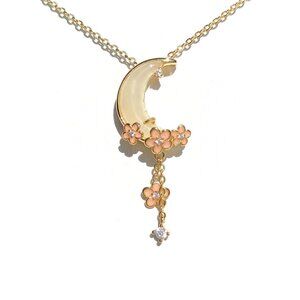 Silver 925 14K Gold Plated Moon Pendant Necklace -Natural White Jade 925 for Her